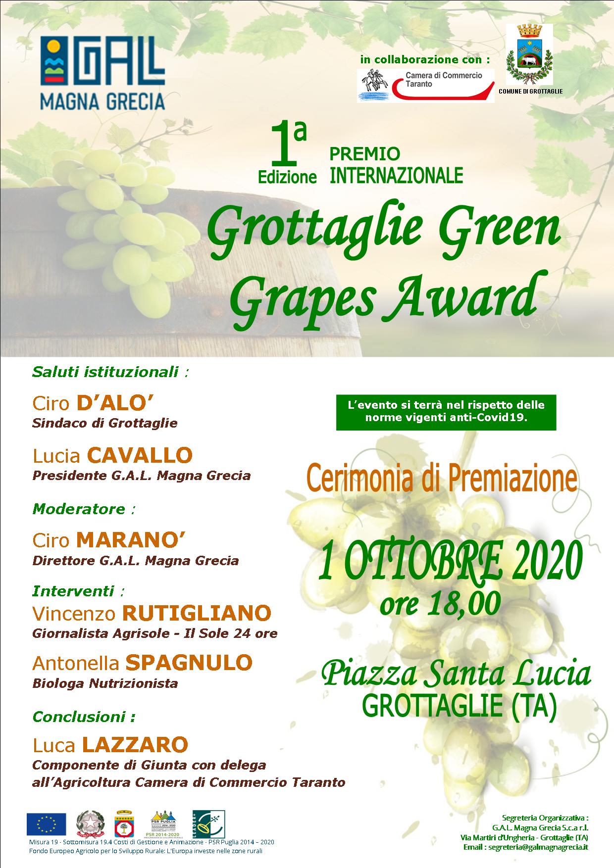 LOCANDINA GREEN GRAPE AWARD 1A ED.NE 2020 GROTTAGLIE